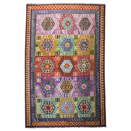 Bright colorful Oriental antique rug is hand-knotted of natural wool material, sized in 4x6 feet
