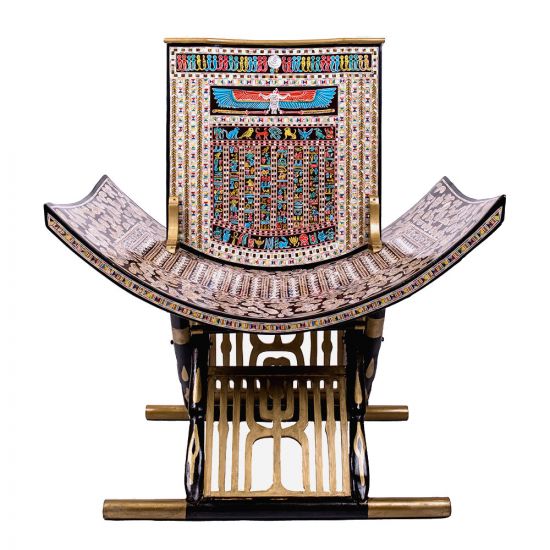 Front Image of the king tut's throne handmade of wood and inlaid with mother-of-pearl, shop Egyptian statue for sale