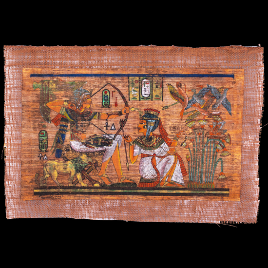 80 years old Unique Papyrus Portrait of King Tut-Ankh-Amun with his wife in Hunting scene.