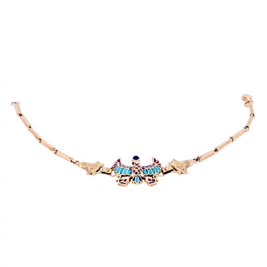 18k gold shinny bracelet with the Egyptian scarab amulet pendant hand-inlaid with semi-precious stones of turquoise, coral, and lapis.