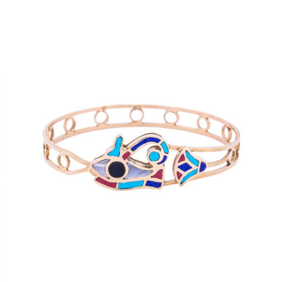 Horus Eye hand-cuff handmade of 18K Gold and inlaid with semi-precious stones, Eye of Horus Bangle, Eye of Horus Jewelry