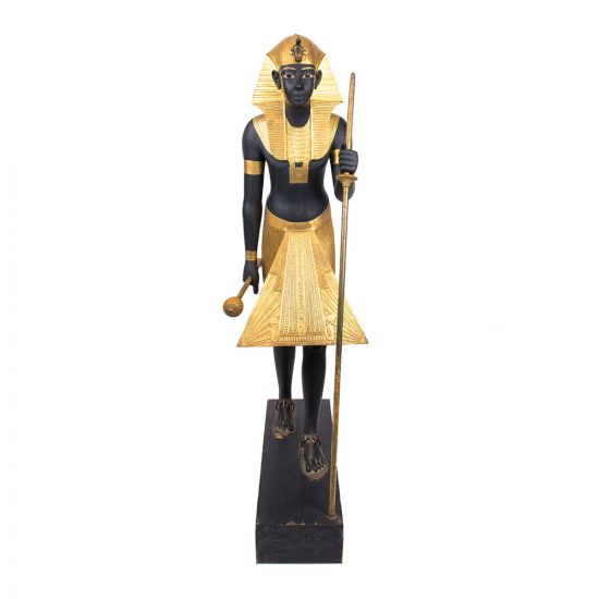 Life-sized statue of King Tut wearing Nene’s hairdresser with serious, made of Mahogany wood is covered with black paint and Golden sheets