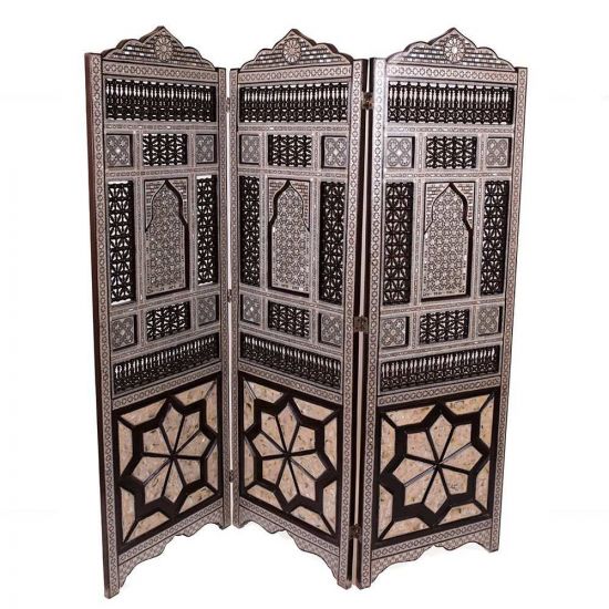 Unique handmade Egyptian three-fold Mashrabiyya (screen/privacy screen) inlaid with Mother of Pearl