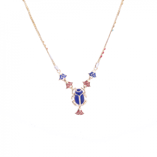 Sophisticated Piece Of Jewelry handmade of 18K Gold in the shape of the Egyptian Scarab and inlaid with Semi-precious stones, Lapis Pendant