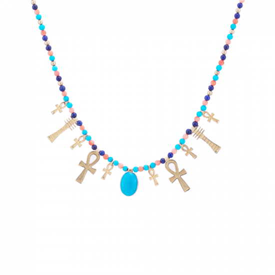 Semi-precious Stones Necklace, handmde of 18K Gold, designed as the Egyptian key of Life, Turquoise Pendant Necklace