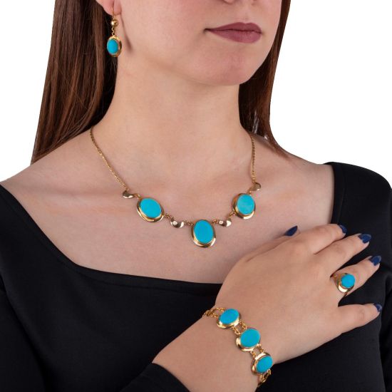Handmade 18k Gold necklace with precious turquoise stones elegant set 