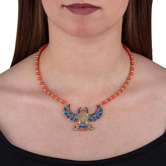 18k Gold and Precious Stone Beaded Winged Scarab Necklace