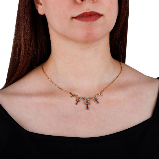 Ankh and lotus Gold Necklace Adorned with Precious Stones