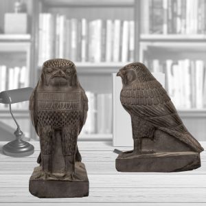 Front Image of the falcon Statue handmade of grey basalt stones, The Falcon Statues For Sale 