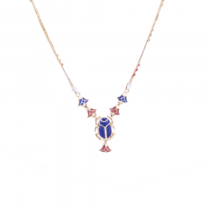 Sophisticated Piece Of Jewelry handmade of 18K Gold in the shape of the Egyptian Scarab and inlaid with Semi-precious stones, Lapis Pendant