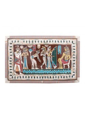 Egyptian Jewelry Box , handmade and inlaid with mother-of-pearl, designed in ancient Egyptian dancing scene, Front image