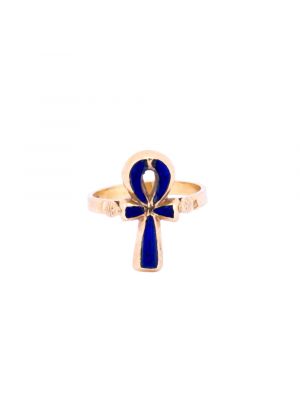 Gold, Handmade Egyptian key of Life Ring  , inlaid with Semi Lapis Stone, Ankh Ring