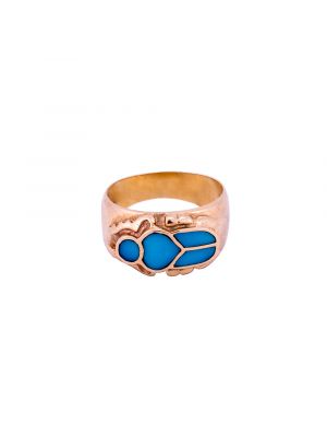Ancient Egyptian Scarab Ring Handmade of 18K Gold and inlaid with semi-precious Turquoise stone