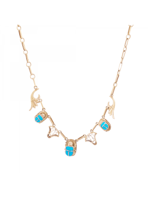 18K Gold Handmade Scarab Pendant Necklace inlaid with Turquoise Stone, Turquoise Gold Necklace