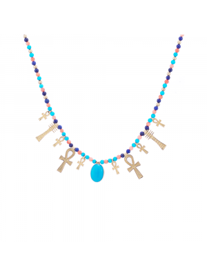 Semi-precious Stones Necklace, handmde of 18K Gold, designed as the Egyptian key of Life, Turquoise Pendant Necklace