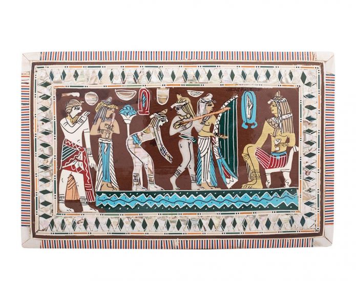Egyptian Jewelry Box , handmade and inlaid with mother-of-pearl, designed in ancient Egyptian dancing scene, Front image