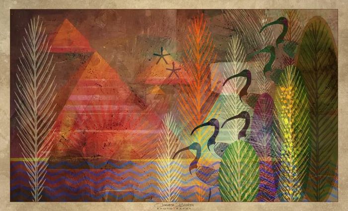 Idyllic Sunset Scene of Ibis Bird Family at the Great Pyramids Mixed Media Artwork Canvas Print