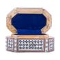Inside image, Deluxe Arabesque designed box, handmade of Mahogany wood and inlaid with mother of pearls, Blue Liner