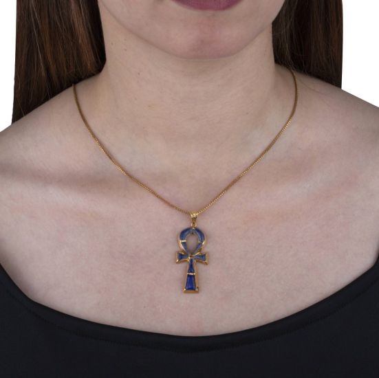 18k Gold Framed Key of Life Pendant Adorned with Lapis Lazuli