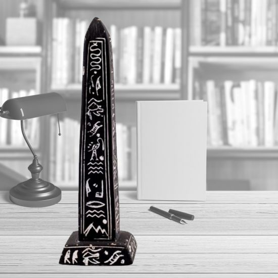 Black Alabaster Handmade Obelisk for Sale Adorned with Hieroglyphics (6.5 H, 2 W inches)