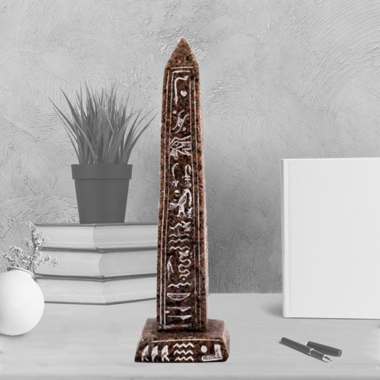 Brown-Painted Alabaster Obelisk Carved from Natural Egyptian Alabaster (6.5 H, 2 W inches)