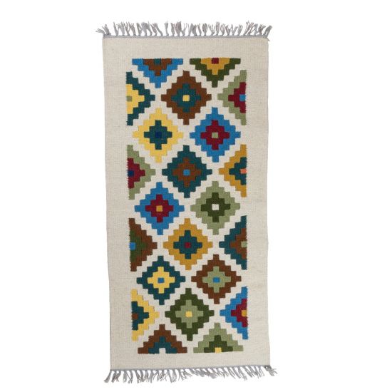 Natural Wool Kilim Tapestry with Diamond Geometric Designs