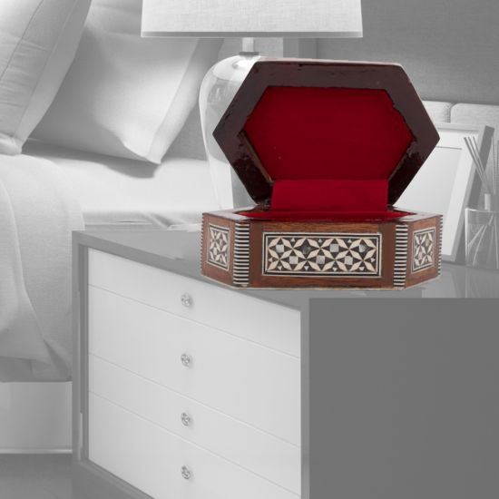 Wooden inlaid with rare precious mother of pearl hexagonal box