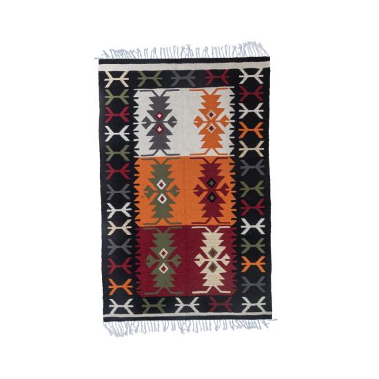 Natural Wool Tapestry-Woven Modern Kilim Rug with Scorpion-like Geometric Designs