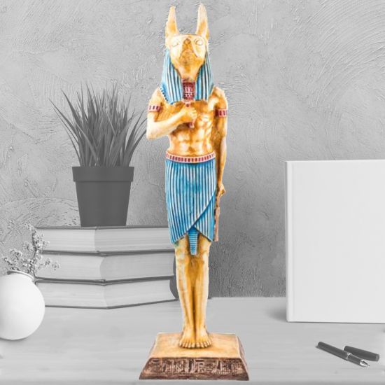 Large Egyptian God Anubis with Jackal-Head Figurine, Handmade of Alabaster Stone (21 H, 6 W inches)