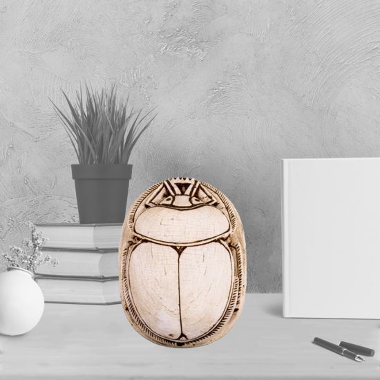 Scarab Beetle Handmade of White Alabaster with Egyptian Amulet Ornaments (3.5 H, 2.5 W, 1 L inch)