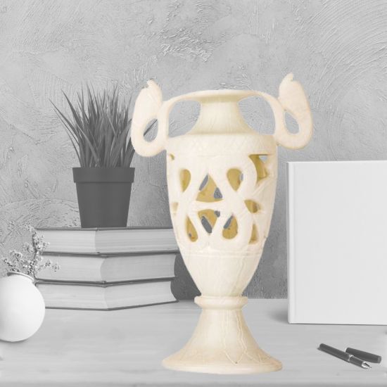 Finely-Carved Elaborate Vase Handmade of White Alabaster (15 H, 11 W, 7.5 L inches)