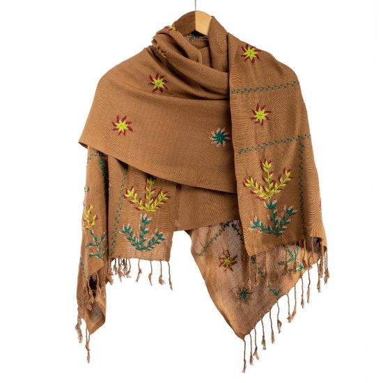 100% Egyptian Cotton Light Brown Saint Catherine Embroidered Shawl