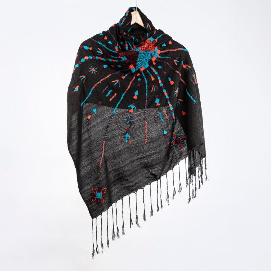 Squared Black Shawl Embroidered in Blue and Red Tribal Patterns 