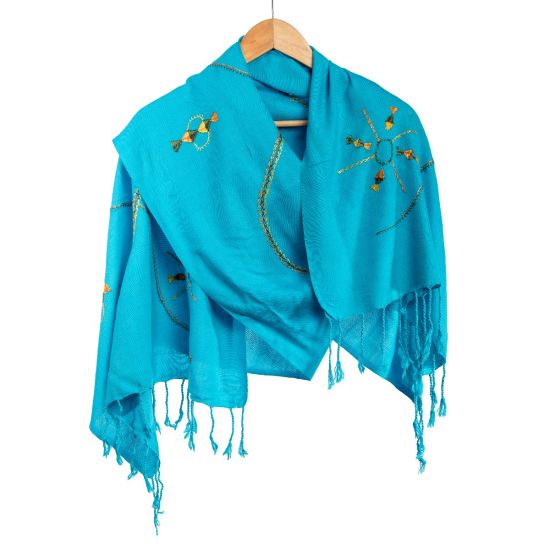 Handwoven 100% Egyptian Cotton Light Blue Shawl with Beautiful Tribal Embroidery 