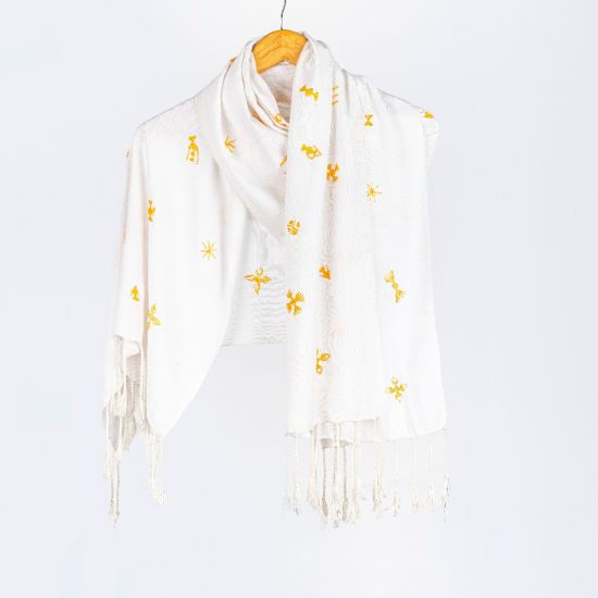 White Cotton Shawl Embroidered in Yellow Tribal Patterns