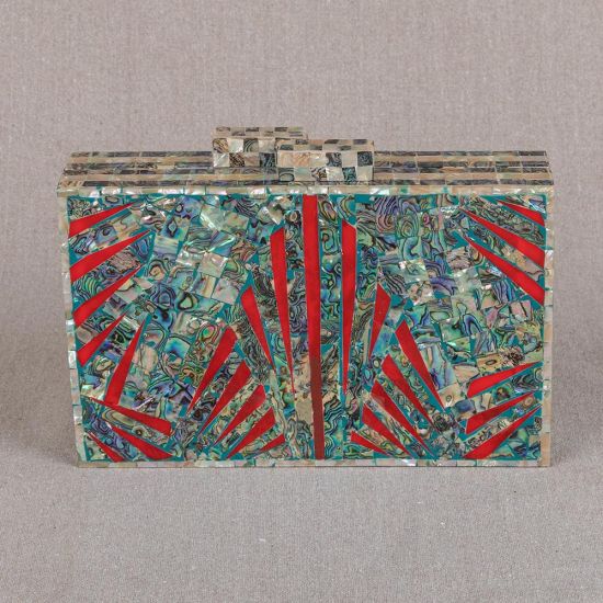 Blue Shells Adorning a Beautiful Wooden Clutch 