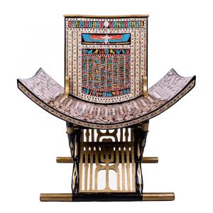 Front Image of the king tut's throne handmade of wood and inlaid with mother-of-pearl, shop Egyptian statue for sale