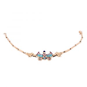 18k gold shinny bracelet with the Egyptian scarab amulet pendant hand-inlaid with semi-precious stones of turquoise, coral, and lapis.