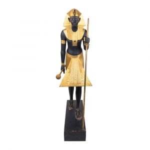 Life-sized statue of King Tut wearing Nene’s hairdresser with serious, made of Mahogany wood is covered with black paint and Golden sheets